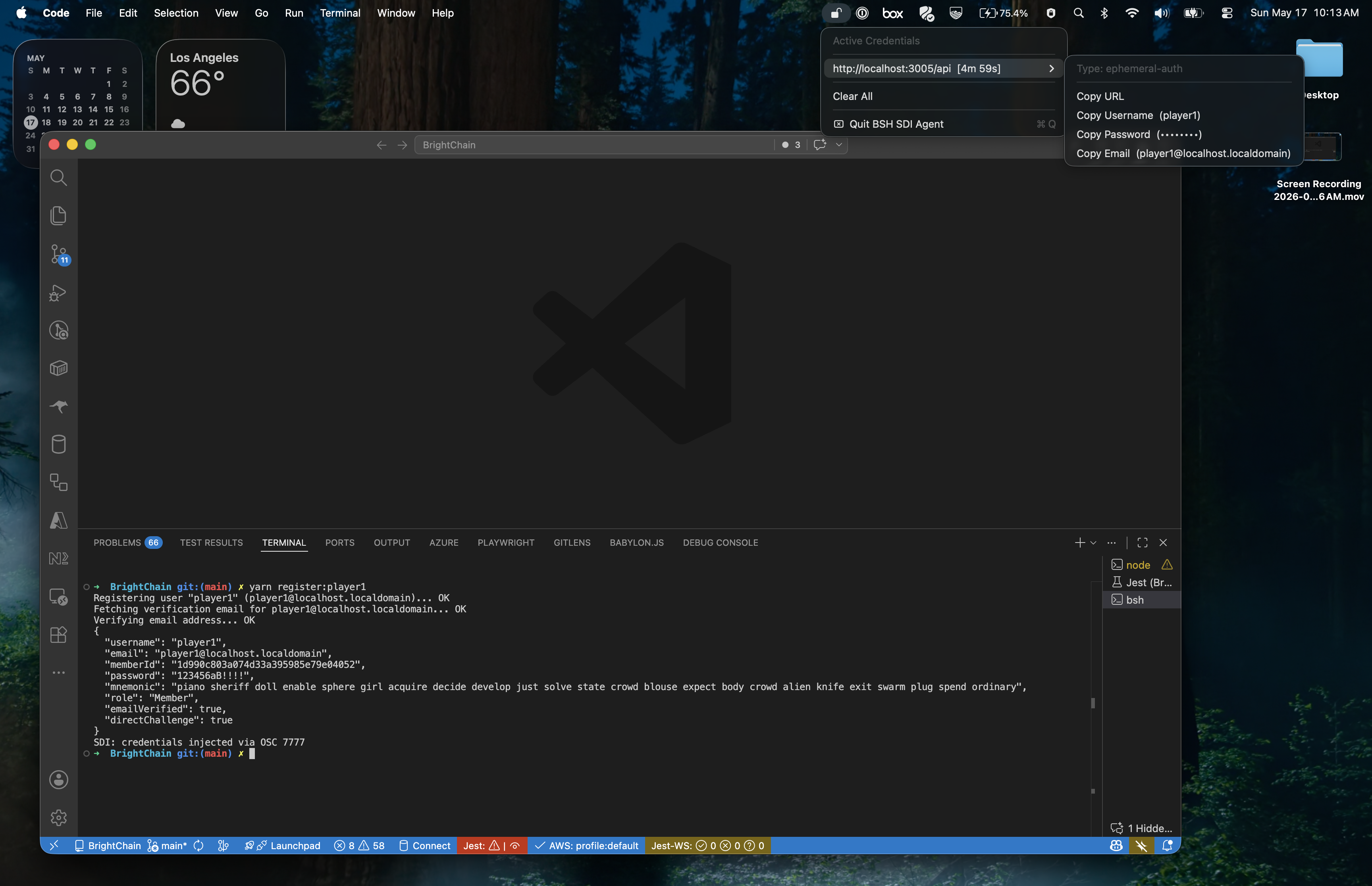 BSH SDI Agent menu bar showing an active ephemeral-auth credential with TTL countdown